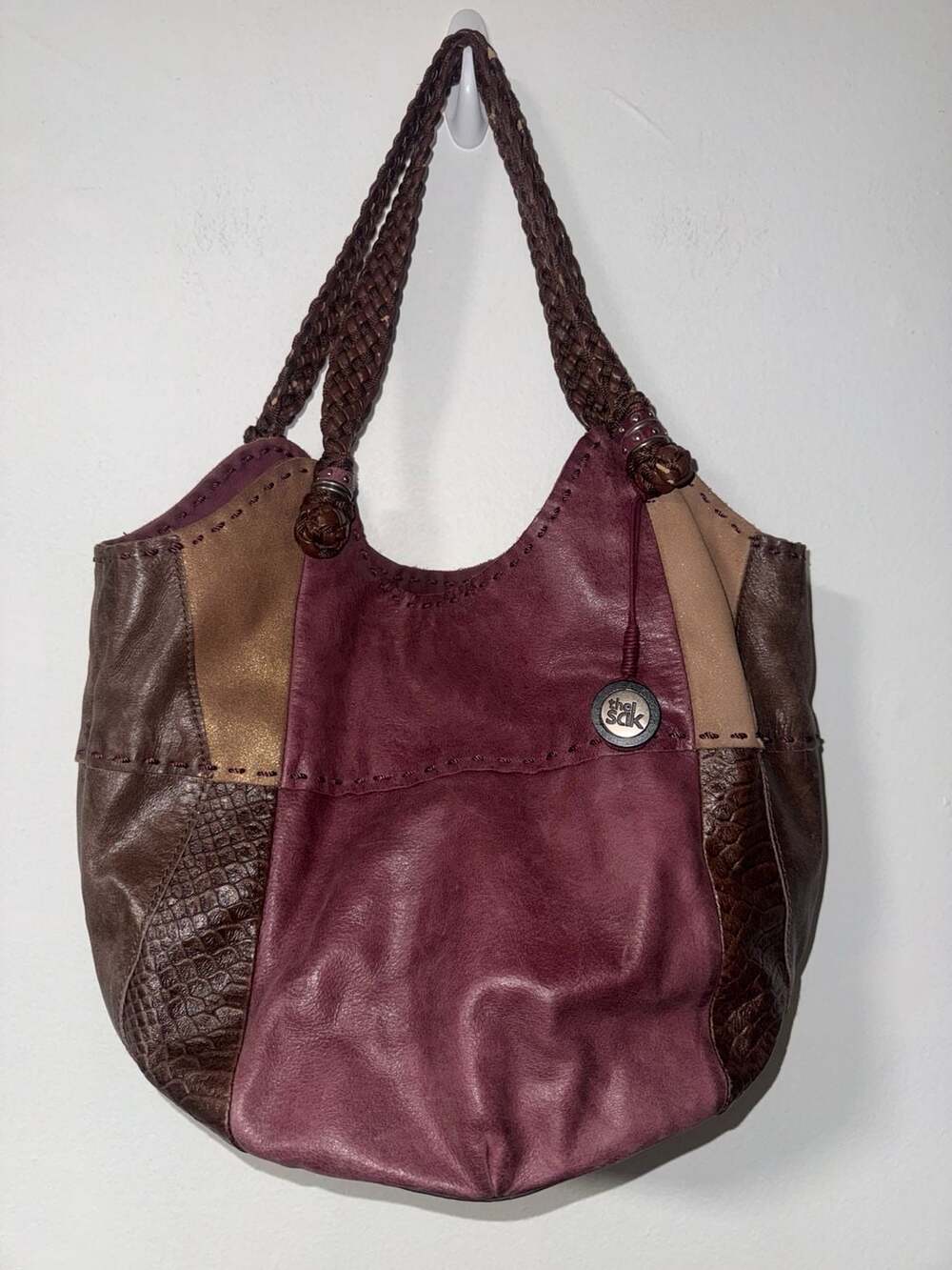 The Sak Indio Patchwork Leather Hobo Tote Bag Burgundy Brown Camel